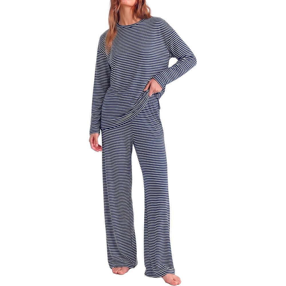 image:imagePRETTYGARDEN Womens Striped Lounge Set Fall Winter 2 Piece SetsStriped Navy White