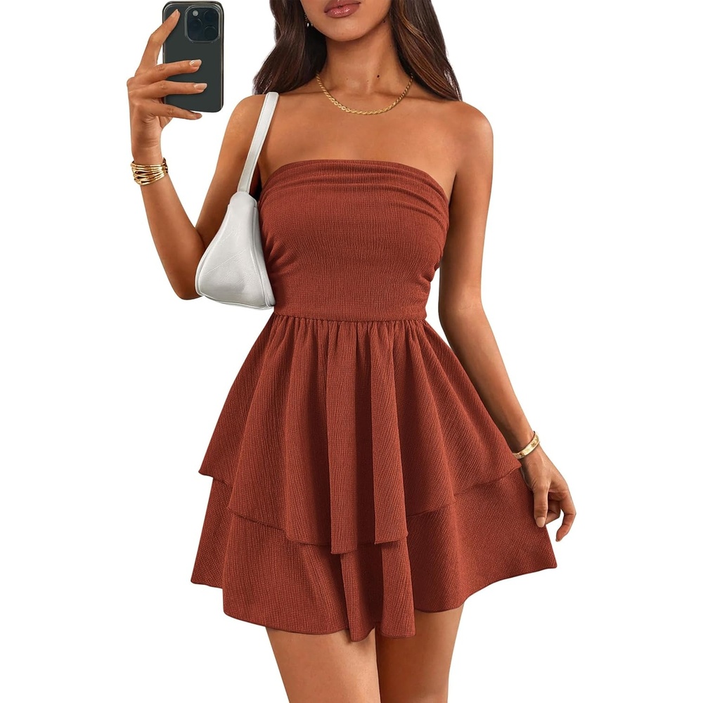 image:imagePRETTYGARDEN Womens Summer Strapless Flowy Mini DressesBrick Red