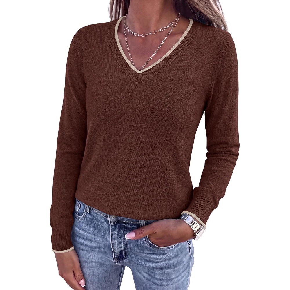 image:imagePRETTYGARDEN Womens V Neck Sweater Long Sleeve Knit TopsBrown