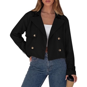 PRETTYGARDEN Cropped Trench Coat For Women Short Jacket(Black)