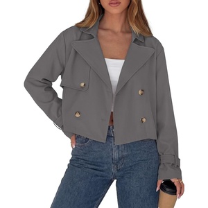 PRETTYGARDEN Cropped Trench Coat For Women Short Jacket(Grey)