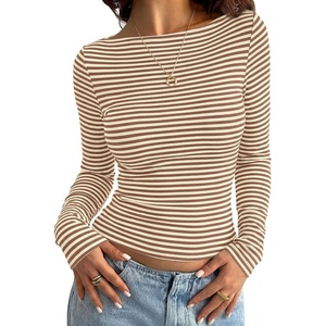 PRETTYGARDEN Long Sleeve Striped Shirts for Women(Striped Beige Brown)