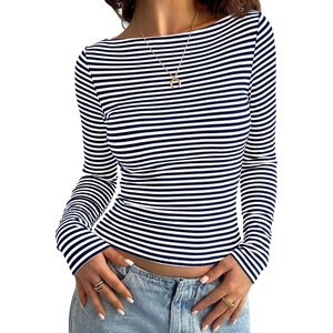 PRETTYGARDEN Long Sleeve Striped Shirts for Women(Striped Navy White)