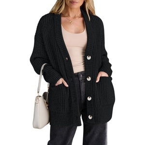 PRETTYGARDEN Oversized Cardigan Sweaters for Women Button Up(Black)