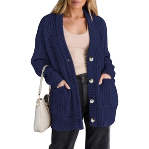 PRETTYGARDEN Oversized Cardigan Sweaters for Women Button Up(Navy Blue)