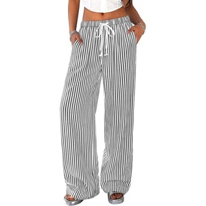 PRETTYGARDEN Striped Wide Leg Pants Women Loungewear with Pocket(Striped Black White)