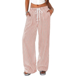 PRETTYGARDEN Striped Wide Leg Pants Women Loungewear with Pocket(Striped Brown White)