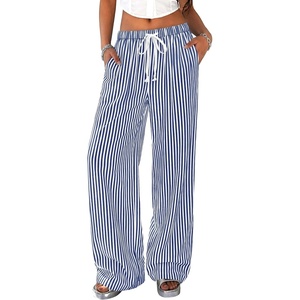 PRETTYGARDEN Striped Wide Leg Pants Women Loungewear with Pocket(Striped Dark Blue White)