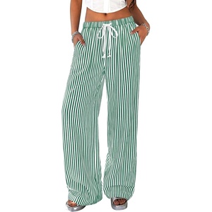 PRETTYGARDEN Striped Wide Leg Pants Women Loungewear with Pocket(Striped Green White)