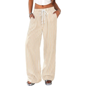 PRETTYGARDEN Striped Wide Leg Pants Women Loungewear with Pocket(Striped Khaki White)