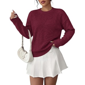 PRETTYGARDEN Women Fall Sweaters Trendy Floral Knit Pullover(Burgundy)