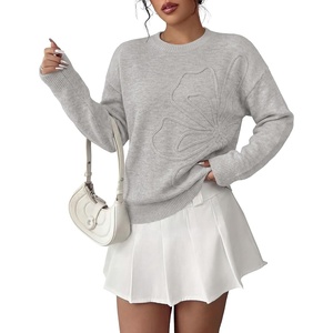 PRETTYGARDEN Women Fall Sweaters Trendy Floral Knit Pullover(Light Grey)