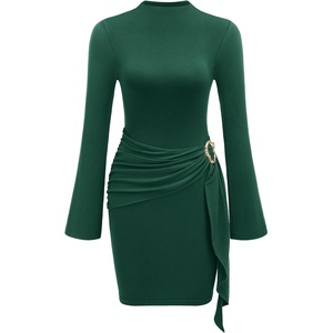 PRETTYGARDEN Women Long Sleeve Bodycon Ruched Mini Dress(Dark Green)