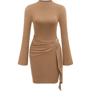 PRETTYGARDEN Women Long Sleeve Bodycon Ruched Mini Dress(Khaki)