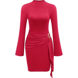 PRETTYGARDEN Women Long Sleeve Bodycon Ruched Mini Dress(Red)