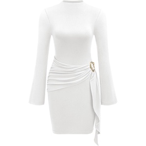 PRETTYGARDEN Women Long Sleeve Bodycon Ruched Mini Dress(White)