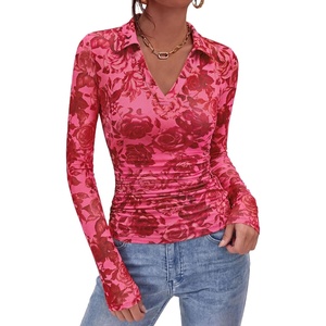 PRETTYGARDEN Women Long Sleeve Boho Floral Mesh Tops(Pink Red Floral)