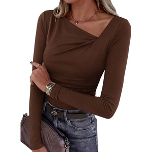 PRETTYGARDEN Women Long Sleeve Shirts Asymmetrical Y2K Tops(Brown)