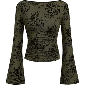 PRETTYGARDEN Women’s Bell Sleeve Floral Mesh Crop Tops(Army Green)