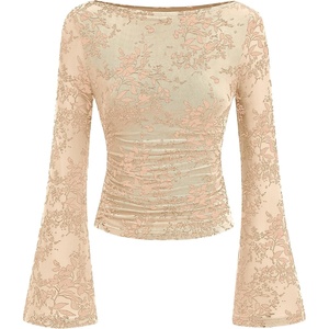 PRETTYGARDEN Women’s Bell Sleeve Floral Mesh Crop Tops(Beige)
