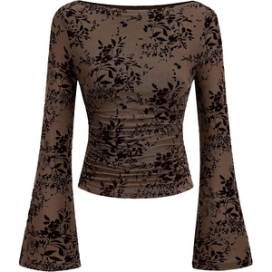 PRETTYGARDEN Women’s Bell Sleeve Floral Mesh Crop Tops(Brown)