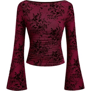 PRETTYGARDEN Women’s Bell Sleeve Floral Mesh Crop Tops(Burgundy)