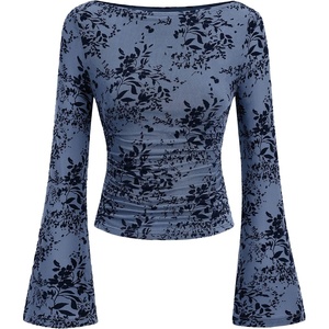 PRETTYGARDEN Women’s Bell Sleeve Floral Mesh Crop Tops(Dusty Blue)