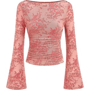 PRETTYGARDEN Women’s Bell Sleeve Floral Mesh Crop Tops(Pink)