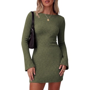 PRETTYGARDEN Womens Boat Neck Bell Long Sleeve Mini Dress(Army Green)