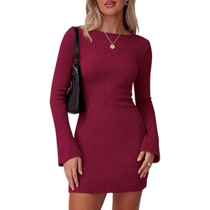 PRETTYGARDEN Womens Boat Neck Bell Long Sleeve Mini Dress(Wine Red)