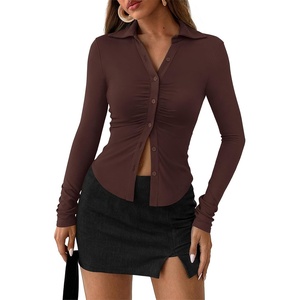 PRETTYGARDEN Womens Button Down Shirts V Neck Collared Ruched Slim Fit Long Sleeve Shirt Casual Fall Fashion Ladies Tops(Brown)
