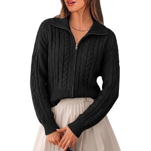 PRETTYGARDEN Women’s Cable Knit Cropped Cardigan Sweaters(Black)