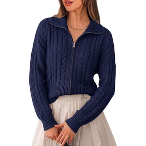 PRETTYGARDEN Women’s Cable Knit Cropped Cardigan Sweaters(Navy Blue)