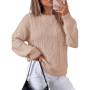 PRETTYGARDEN Womens Cable Knit Sweater Crewneck Pullover(Khaki)