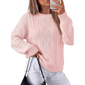 PRETTYGARDEN Womens Cable Knit Sweater Crewneck Pullover(Pink)