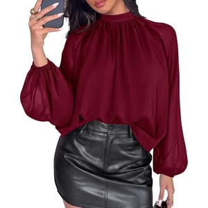 PRETTYGARDEN Womens Chiffon Blouses Dressy Casual Mock Neck Tops(Wine Red)