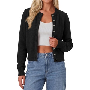 PRETTYGARDEN Womens Cropped Button Up Knit Cardigan Sweater(Black)