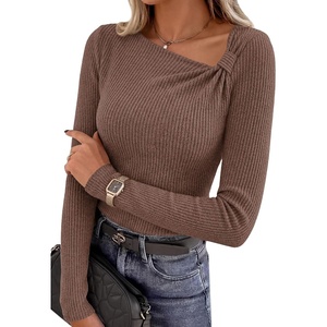 PRETTYGARDEN Womens Fall Long Sleeve Shirts Asymmetrical Tops(Brown)