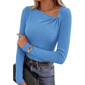 PRETTYGARDEN Womens Fall Long Sleeve Shirts Asymmetrical Tops(Light Blue)