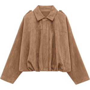 PRETTYGARDEN Women’s Faux Suede Cropped Bomber Jacket(Khaki)