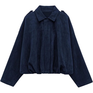 PRETTYGARDEN Women’s Faux Suede Cropped Bomber Jacket(Navy Blue)