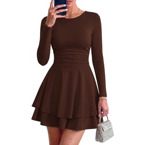 PRETTYGARDEN Womens Fit and Flare Crewneck Long Sleeve Mini Dress(Brown)