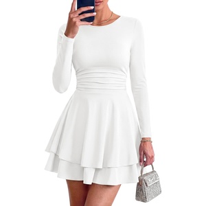 PRETTYGARDEN Womens Fit and Flare Crewneck Long Sleeve Mini Dress(White)