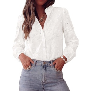 PRETTYGARDEN Women’s Floral Embroidered Button Down Shirts(White)
