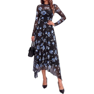 PRETTYGARDEN Women’s Floral Mesh Midi Dress(Floral Black Blue)
