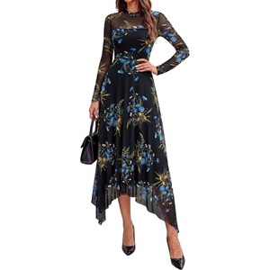 PRETTYGARDEN Women’s Floral Mesh Midi Dress(Floral Black Blue Yellow)