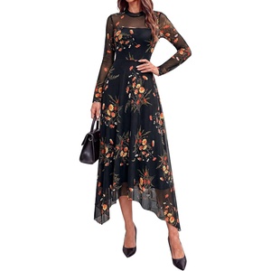 PRETTYGARDEN Women’s Floral Mesh Midi Dress(Floral Black Yellow)