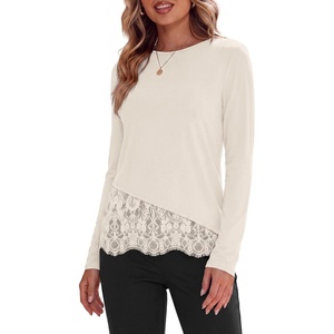PRETTYGARDEN Women’s Lace Patchwork Long Sleeve Shirts(Beige)