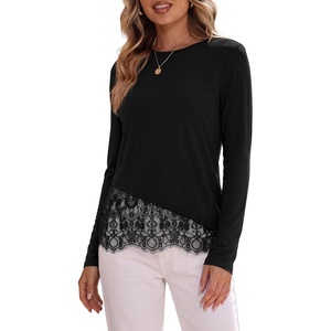 PRETTYGARDEN Women’s Lace Patchwork Long Sleeve Shirts(Black)