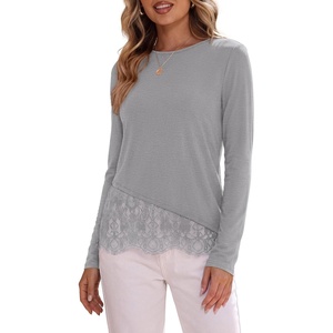 PRETTYGARDEN Women’s Lace Patchwork Long Sleeve Shirts(Grey)
